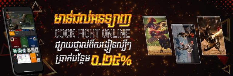 មាន់ជល់គូរល្បីៗ ងាយស្រួលេង មានសង្វៀនបើកឲភ្នាល់ច្រើនជាងគេនៅអាស៊ី  ប្រាក់បន្ថែម 0.25% ( Cock fight )